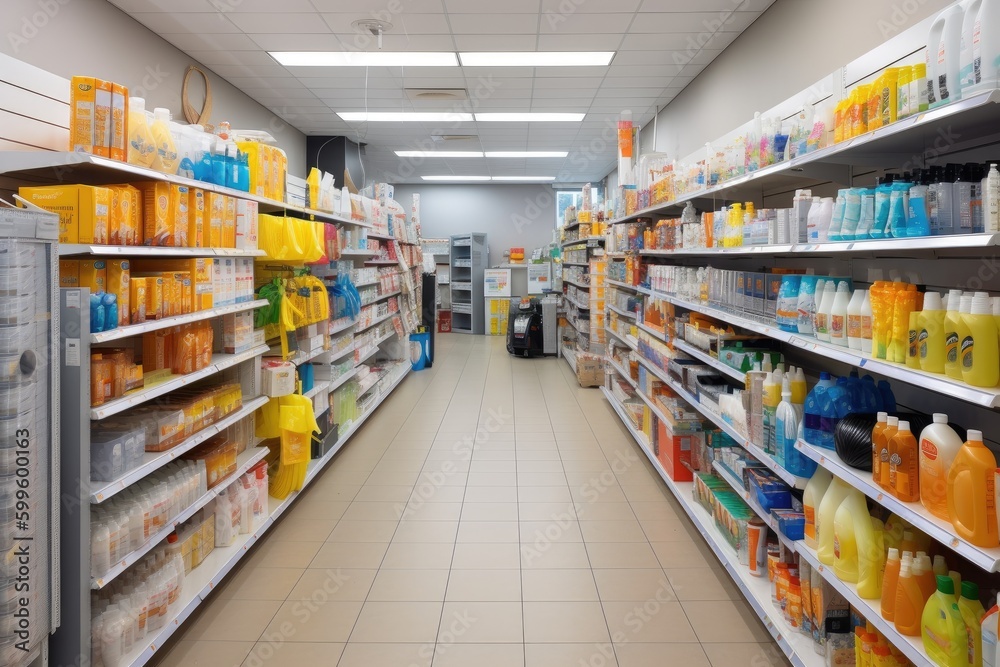 cleaning supplies aisle in a modern supermarket, with various products and gadgets on display, created with generative ai