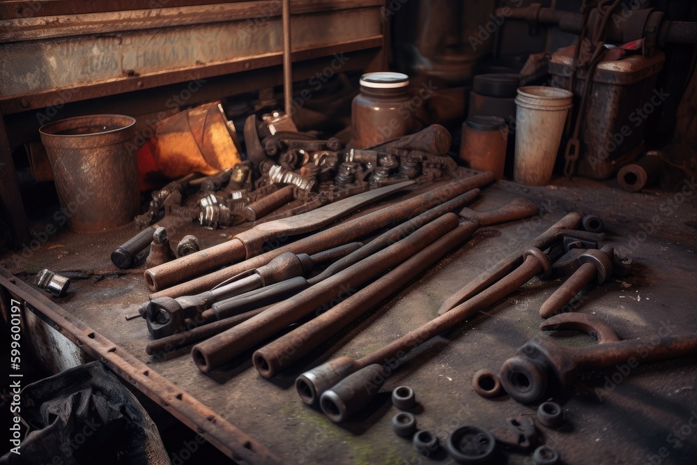 rusted metal pipes and tools on the floor of an old garage, created with generative ai rusted metal pipes and tools on the floor of an old garage, created with generative ai