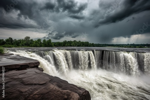 dramatic waterfall scene with stormy sky  thunderstorm in the distance  created with generative ai