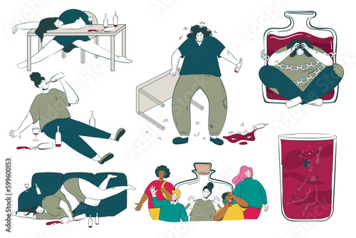 Bundle consequences of alcoholism with a depressed female character. Unhealthy Lifestyle. Social problem of alcoholism among women.