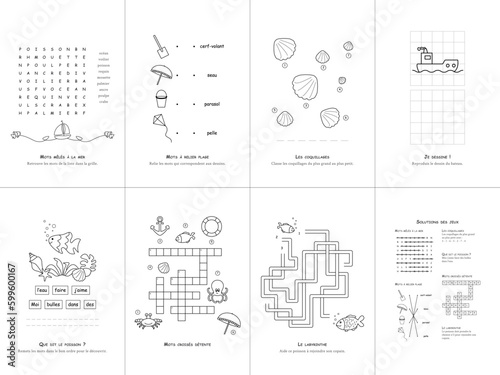 Set of seven games on the theme of the sea. Game and coloring page for kids. French language. Vector illustration. Set No. 2.