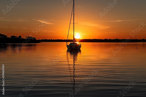 the sun setting over the water, with sailboat and its reflection visible, created with generative ai