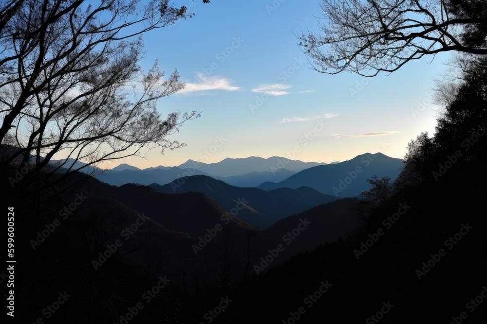 scenic view of mountains and valleys, with silhouetted trees visible against the sky, created with generative ai scenic view of mountains and valleys, with silhouetted trees visible against the sky, created with generative ai