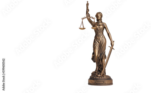 symbol of justice is statuette of Themis with closed eyes, scales and sword in her hands on transparent background. attorney law company or education in judicial system. law prosecution appe