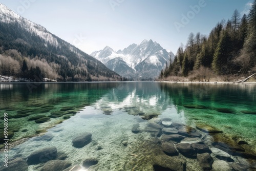 crystal-clear lake surrounded by snowy mountain peaks and forests, created with generative ai