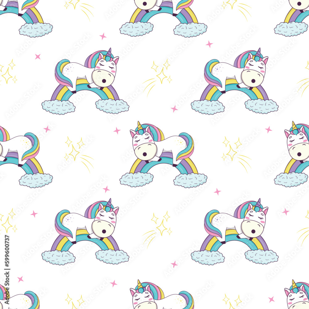Naklejka premium Seamless pattern with cute kawaii unicorn with rainbow mane and horn in anime style sleeping