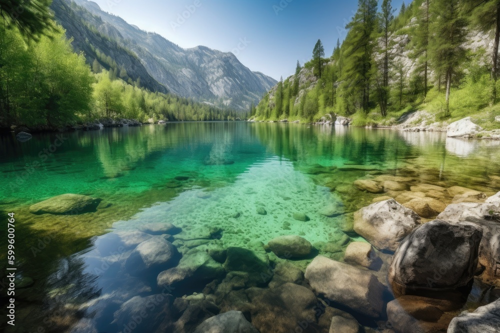 crystal-clear lake surrounded by mountains and greenery, created with generative ai