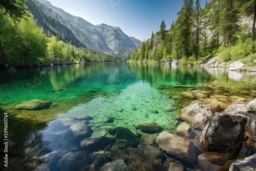 crystal-clear lake surrounded by mountains and greenery  created with generative ai