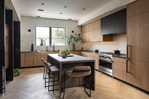 minimalist kitchen with sleek cabinetry and stainless steel appliances, created with generative ai