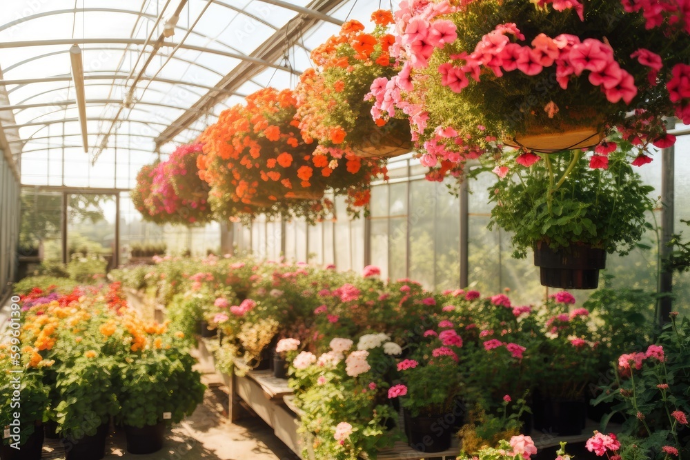 a greenhouse with hanging baskets of beautiful flowers, created with generative ai