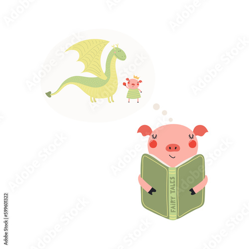 Cute funny pig reading book cartoon character illustration. Hand drawn Scandinavian style flat design, isolated vector. Kids print element, book lover, education, literature, library, bookstore