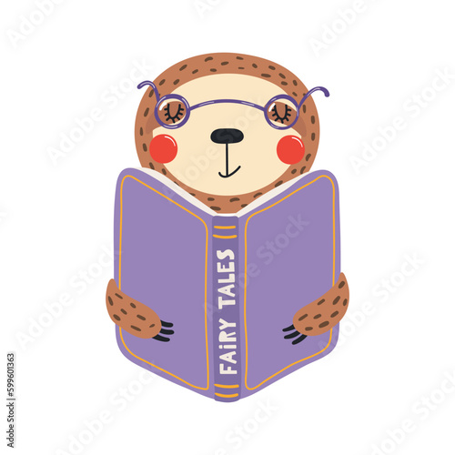 Cute funny sloth reading book cartoon character illustration. Hand drawn Scandinavian style flat design, isolated vector. Kids print element, book lover, education, literature, library, bookstore