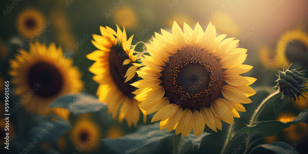 Sunflower in Sunflowers field. Sunflowers on a blurred summer nature background. Elegant Floral Background for greeting card for Birthday, Fathers Day, Mother's day. Generative ai illustration