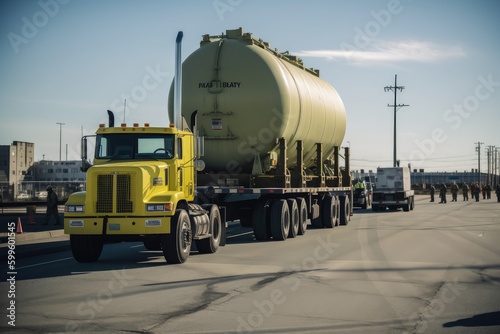 nuclear waste containment vessel being transported by truck, surrounded by armed security, created with generative ai