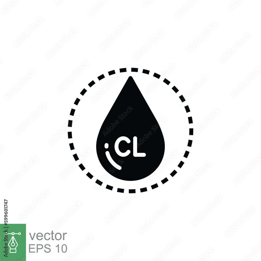 Drop water with chlorine icon. Simple solid style. Chloride, disinfection, antiseptic, liquid concept. Black silhouette, glyph symbol. Vector symbol illustration isolated on white background. EPS 10. Drop water with chlorine icon. Simple solid style. Chloride, disinfection, antiseptic, liquid concept. Black silhouette, glyph symbol. Vector symbol illustration isolated on white background. EPS 10.