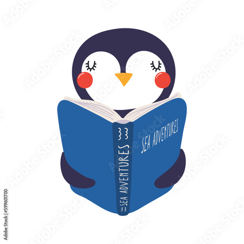 Cute funny penguin reading book cartoon character illustration. Hand drawn Scandinavian style flat design, isolated vector. Kids print element, book lover, education, literature, library, bookstore