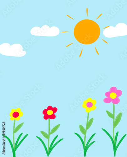 Children drawing illustration flowers and blue sky in the garden
