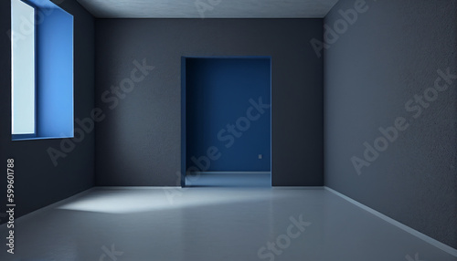Empty room with a window an door  a concrete floor and a room with a dark blue wall  Generative AI