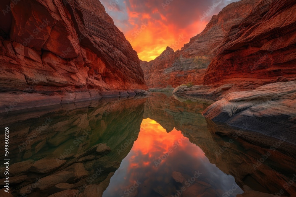 majestic canyon with fiery sunset, reflecting off the water and rocks, created with generative ai