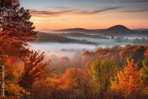 misty sunrise over rolling hills, with vibrant autumn foliage, created with generative ai