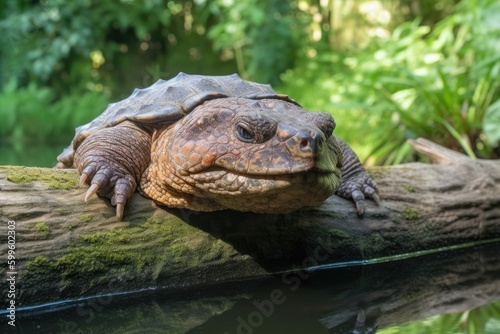 snapping turtle basking in the sun on a leafy log, created with generative ai © Alfazet Chronicles