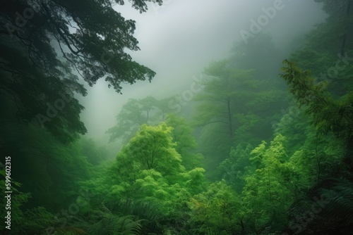 lush green forest shrouded in misty morning fog  created with generative ai