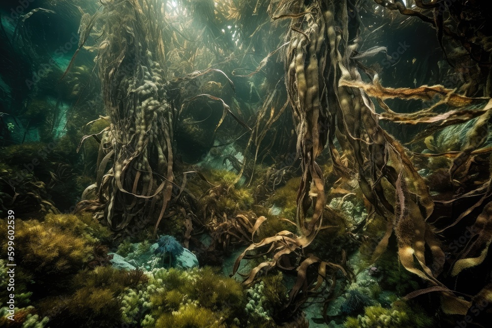 close-up of kelp forest, showing the intricate textures and patterns of the underwater plants, created with generative ai