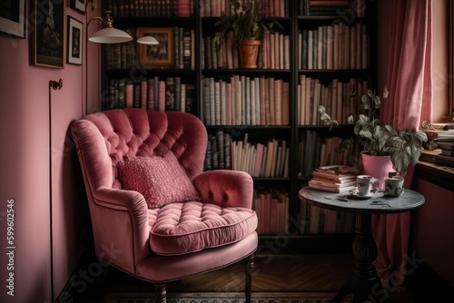 pink armchair, surrounded by bookshelves filled with novels, in cozy and intimate reading room, created with generative ai