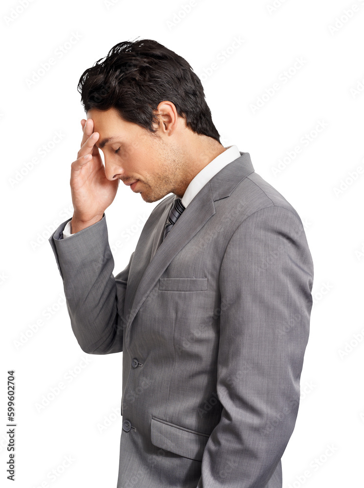 Business man, frustrated and stress or headache of a tired person with depression, fail or mistake. Professional person with hand on face for corporate crisis isolated on transparent, png background Business man, frustrated and stress or headache of a tired person with depression, fail or mistake. Professional person with hand on face for corporate crisis isolated on transparent, png background