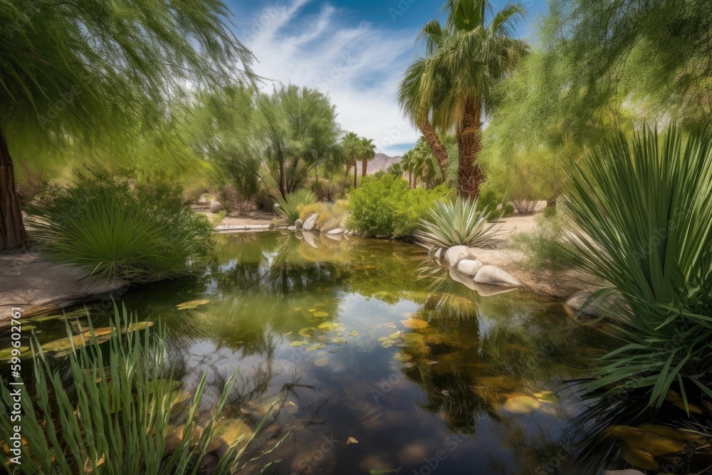 desert oasis with lush gardens and water features, providing a peaceful escape, created with generative ai