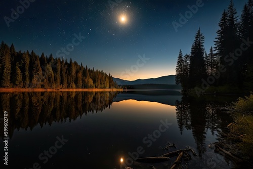 harvest moon shining over serene lake, with reflection of the sky and stars in the water, created with generative ai © Alfazet Chronicles