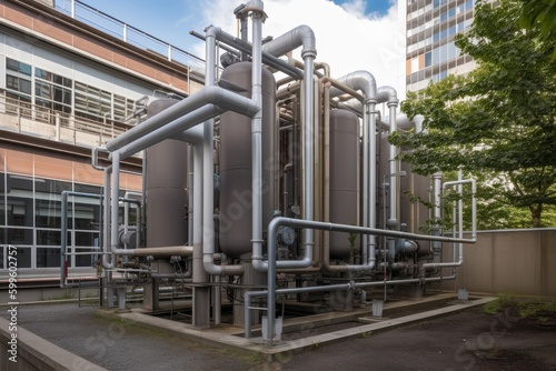 geothermal energy system, with heat exchanger and piping delivering heat to nearby building, created with generative ai