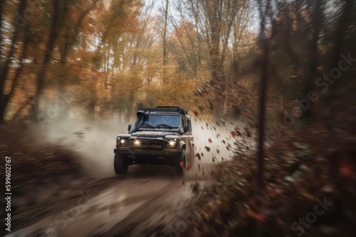 off-road driver speeding through forest, leaves and branches flying past, created with generative ai © Alfazet Chronicles