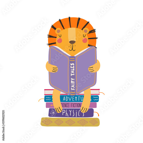 Cute funny lion reading book cartoon character illustration. Hand drawn Scandinavian style flat design, isolated vector. Kids print element, book lover, education, literature, library, bookstore