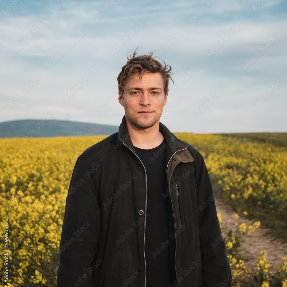 A man outdoors in a field of yellow flowers enjoying the countryside and evening sun A man outdoors in a field of yellow flowers enjoying the countryside and evening sun
