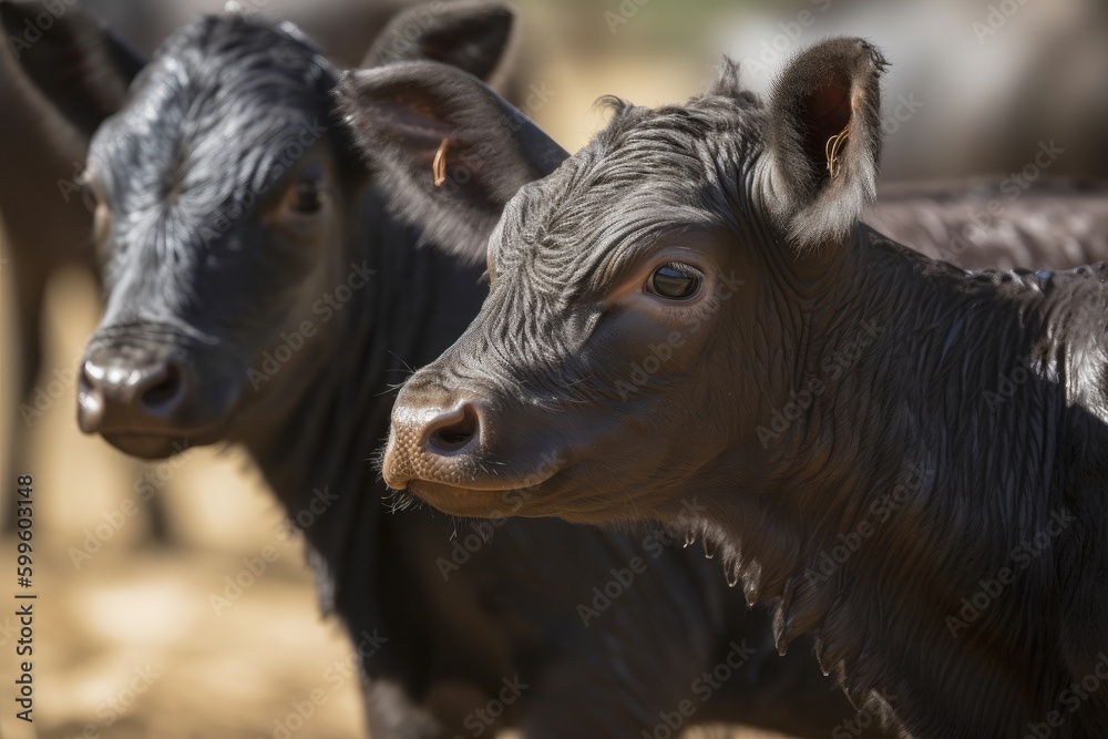 close-up of newborn calf, with its mother in the background, created with generative ai