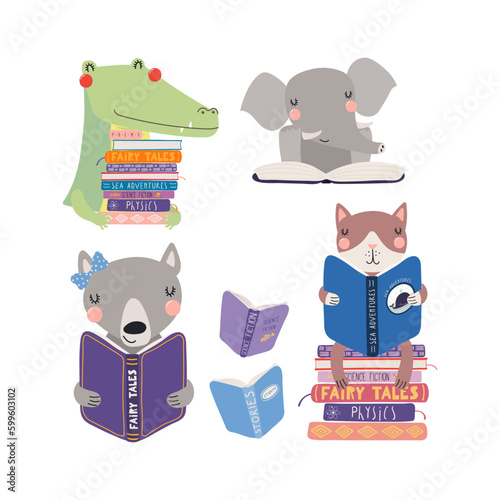 Cute animals reading books cartoon illustration, frame with copy space. Hand drawn Scandinavian style funny characters, flat design, isolated vector. Kids print element, literature, library, bookstore