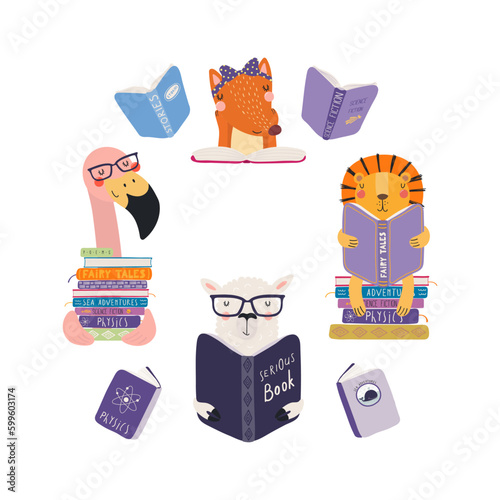 Cute animals reading books cartoon illustration, frame with copy space. Hand drawn Scandinavian style funny characters, flat design, isolated vector. Kids print element, literature, library, bookstore