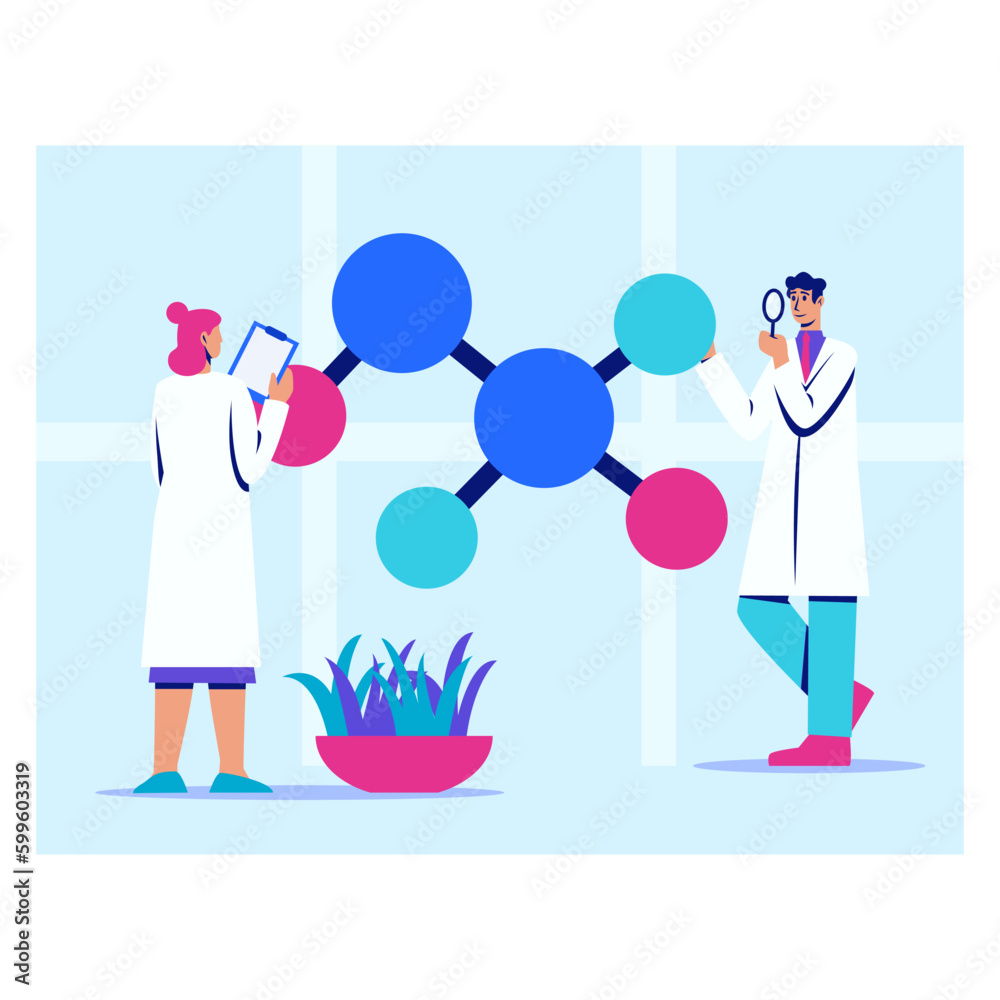 Fototapeta premium Illustration of researchers study structural bonds of proteins and chemical compounds