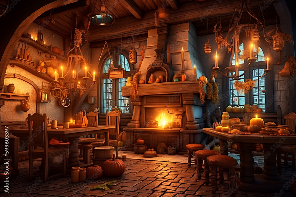 Obraz premium Cozy fantasy medieval tavern inn interior with food and drink on tables, burning open fireplace, candles and stone ground, middle ages pub decorations, fantasy background, generative ai