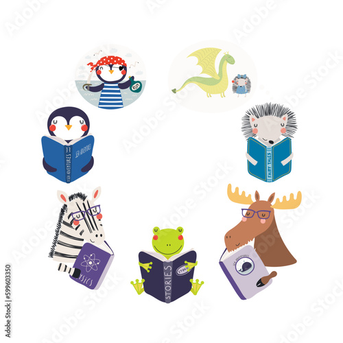 Cute animals reading books cartoon illustration, frame with copy space. Hand drawn Scandinavian style funny characters, flat design, isolated vector. Kids print element, literature, library, bookstore