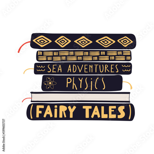 Stack, pile of books hand drawn cartoon illustration. Scandinavian style flat design, isolated vector. Kids print element, reading, education, literature, library, bookstore