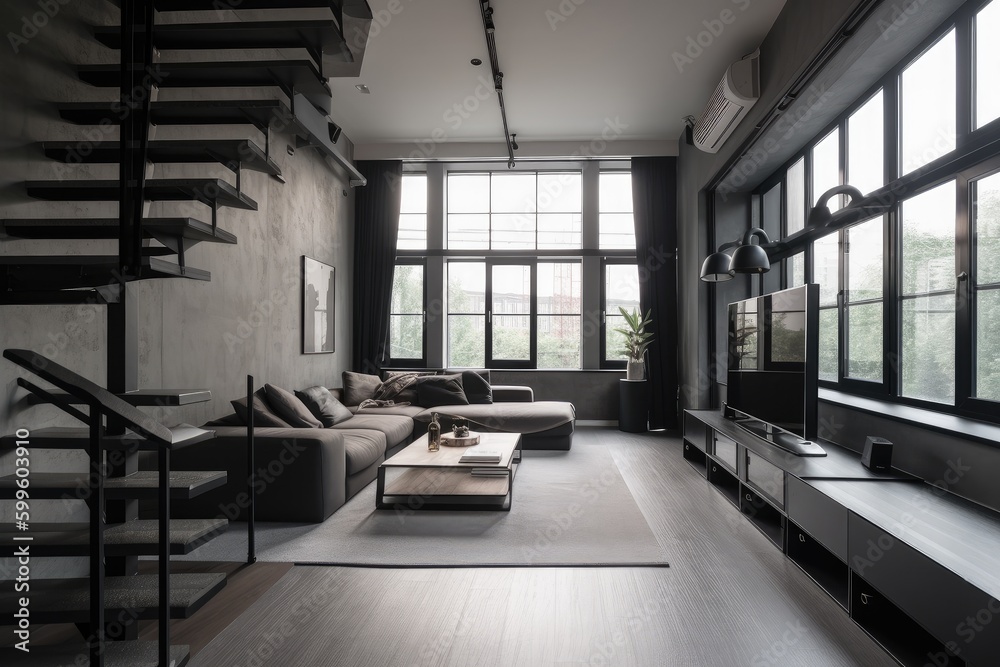 minimalist home with industrial vibe, exposed pipes, and metal accents, created with generative ai