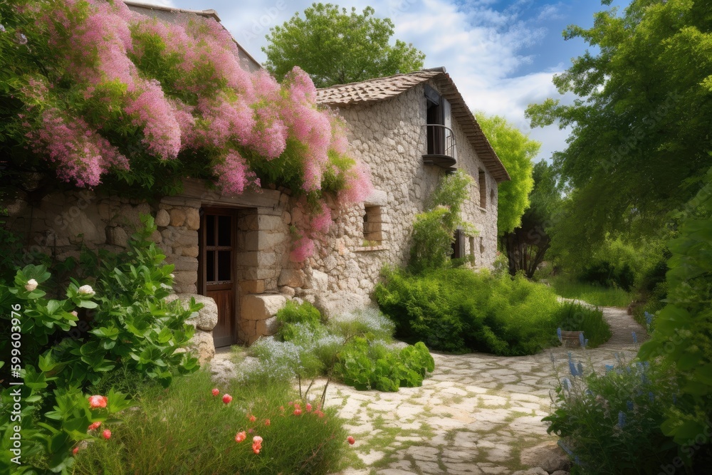 Fototapeta premium traditional stone house, surrounded by lush greenery and blooming flowers, created with generative ai