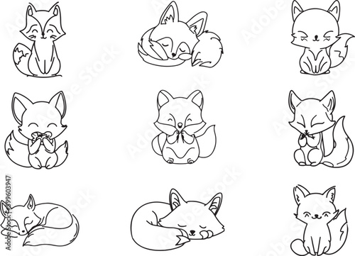 Set of cute fox line art vector 