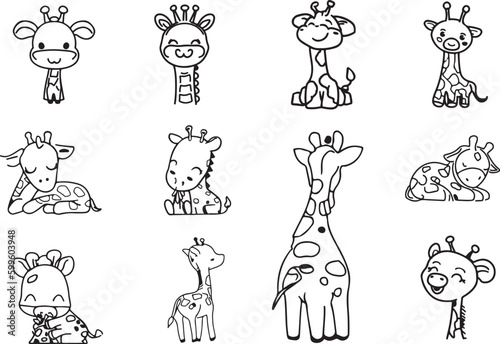 set of cute giraffe animals vector line art 