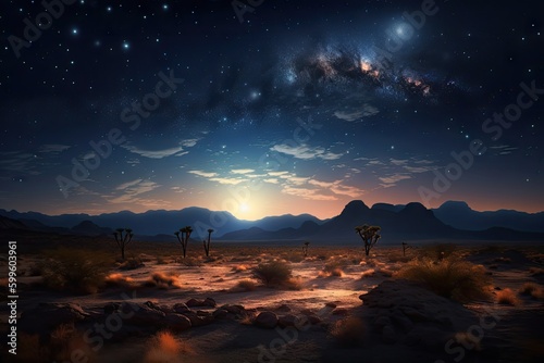 magical night sky, with stars and moon shining over serene desert landscape, created with generative ai