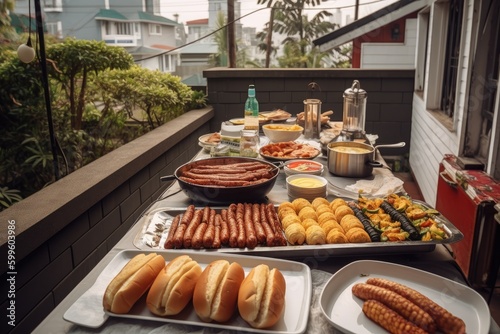 outdoor bbq with sizzling hotdogs and hamburgers for a family get-together, created with generative ai