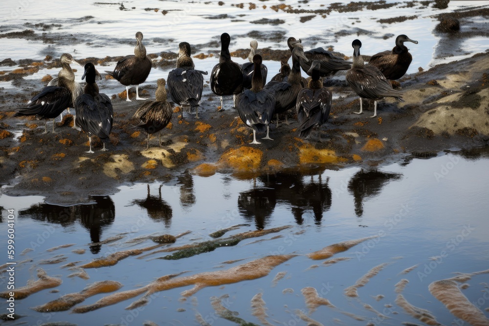 oil slick covered in flocks of seagulls and other birds, created with generative ai oil slick covered in flocks of seagulls and other birds, created with generative ai