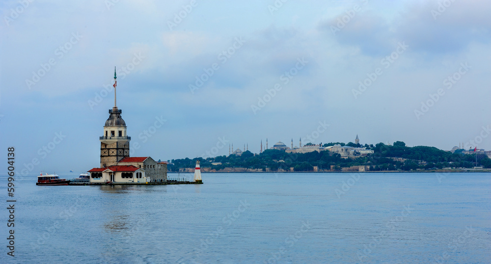 Maiden's Tower Panoramic Istanbul view in the background Galata tower, Golden Horn, Sultan Ahmet Mosque, Sleymaniye Mosque and the entire historical peninsula
